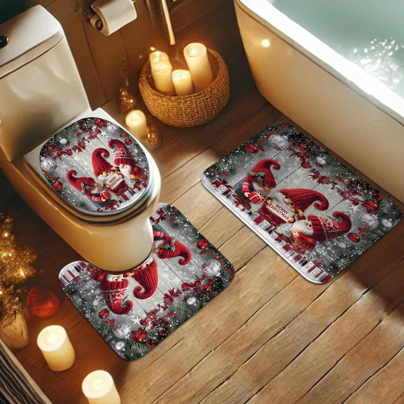 Christmas Themed Shower Curtain Set, 4 Counts/Set Including Shower Curtain & Bath Mat & Toilet Mat & Cover Mat, Bathroom Decoration Supplies