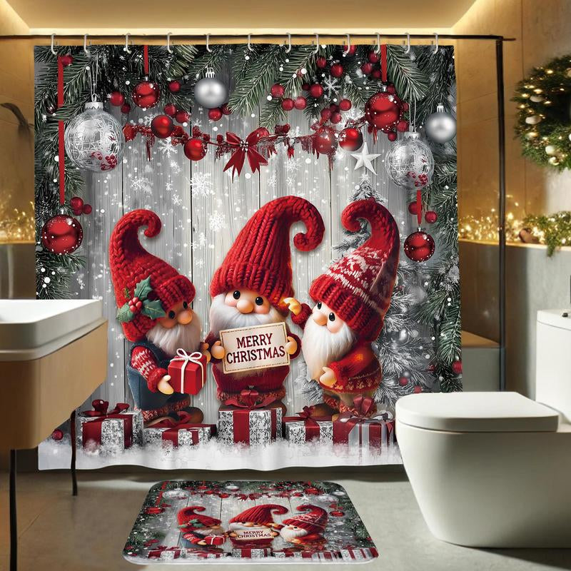 Christmas Themed Shower Curtain Set, 4 Counts/Set Including Shower Curtain & Bath Mat & Toilet Mat & Cover Mat, Bathroom Decoration Supplies